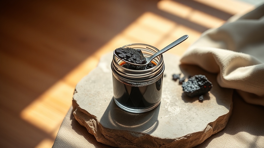 Résine de shilajit en cours de dissolution dans une boisson tiède
